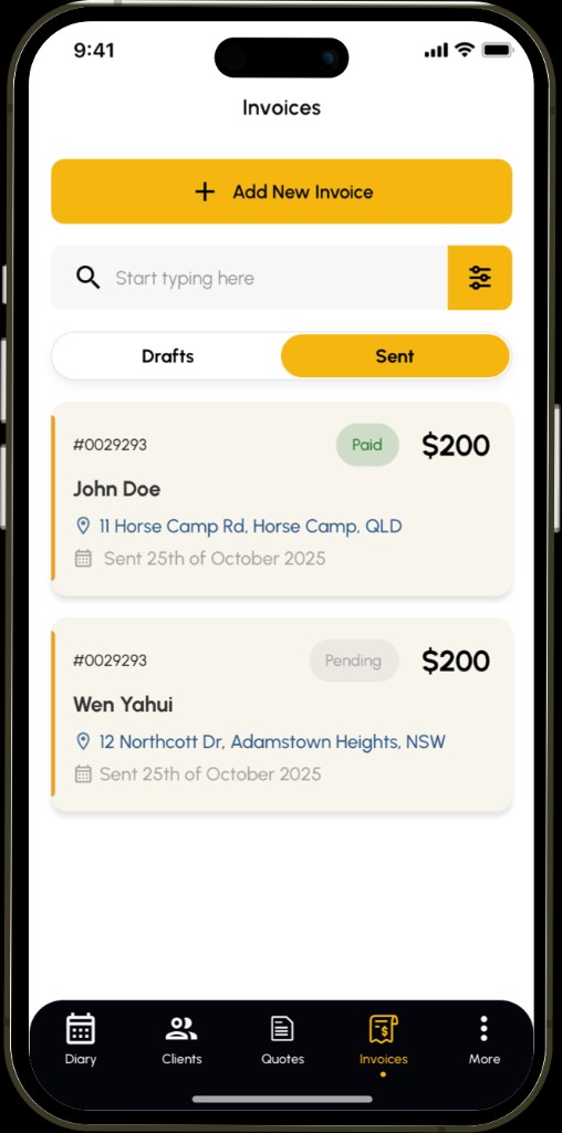 Invoices screen